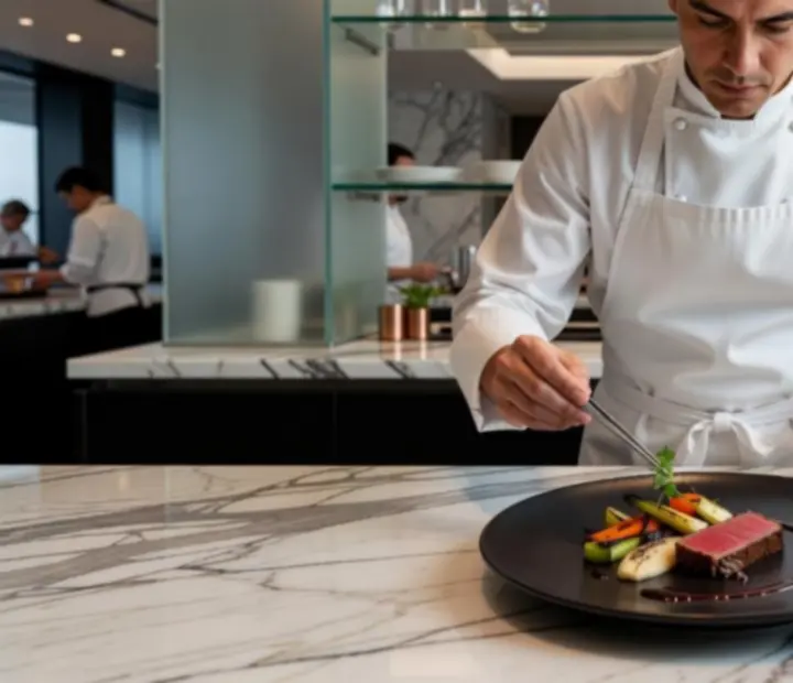 Séf éppen egy gourmet fogást készít elő a konyhában, finom részletekre figyelve.