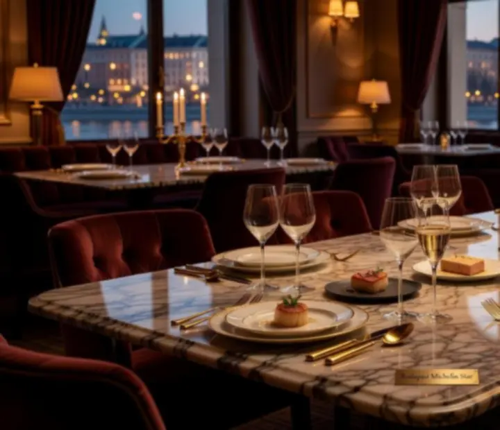 Elegáns gourmet étel tálalva márvány asztalon, gyertyafényes, poker hangulatú éttermi térben.