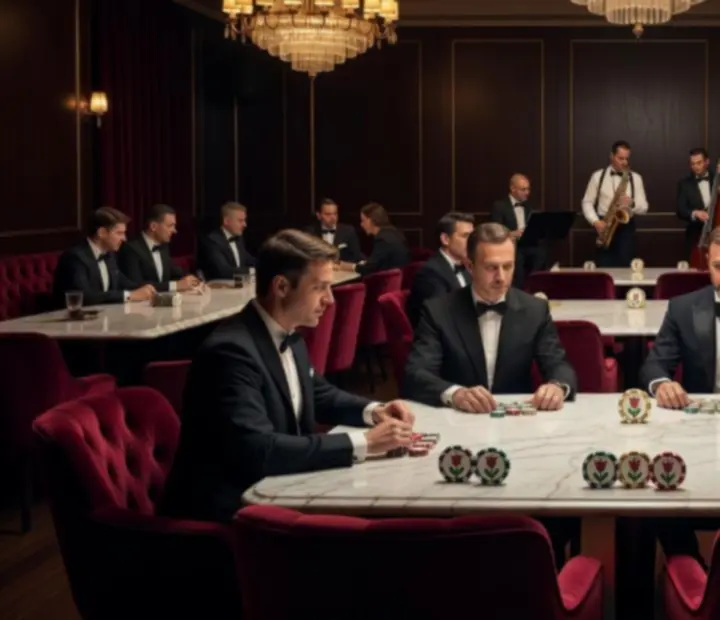 Luxus poker hangulat bársony székekkel, márvány asztalokkal és gyertyafénnyel
