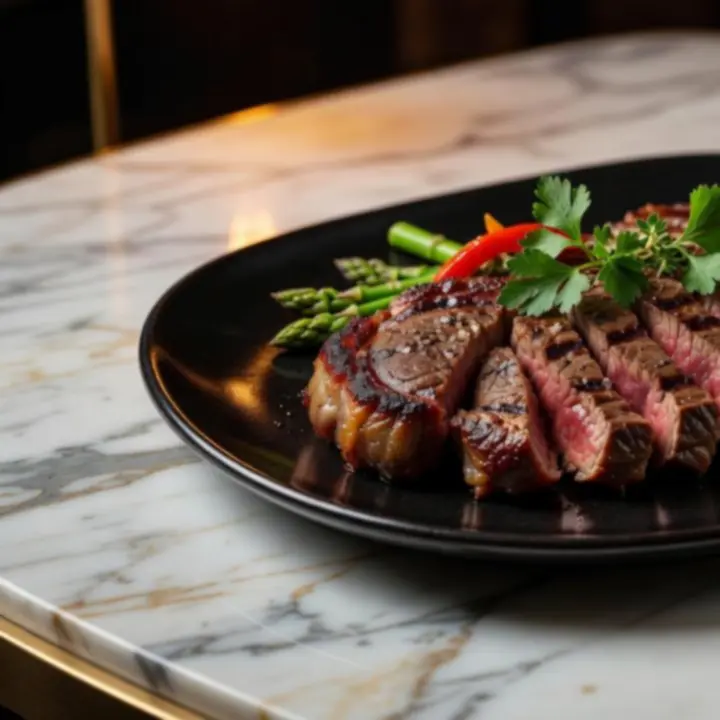 Prémium steak különlegesség szeletelve, rozéra sütve, márvány asztalon, elegáns tálalással.