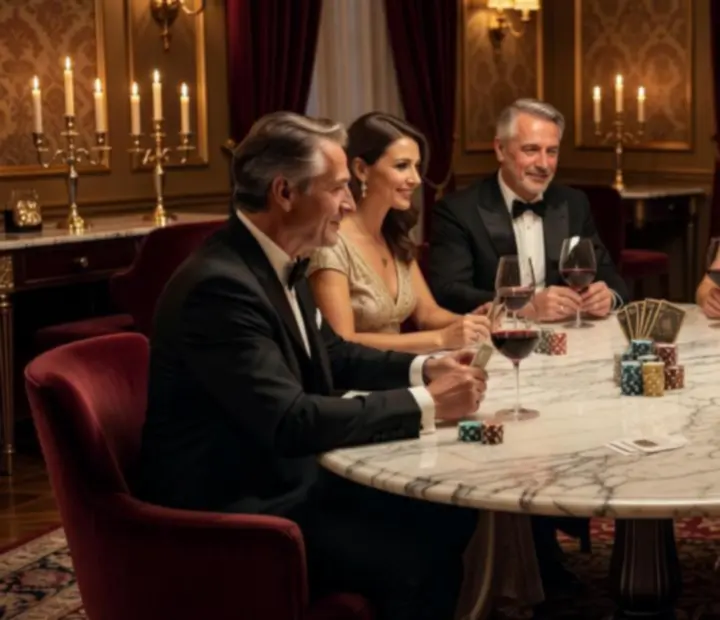 Elegáns poker est bársony székekkel, márvány asztalokkal és kifinomult vendégekkel