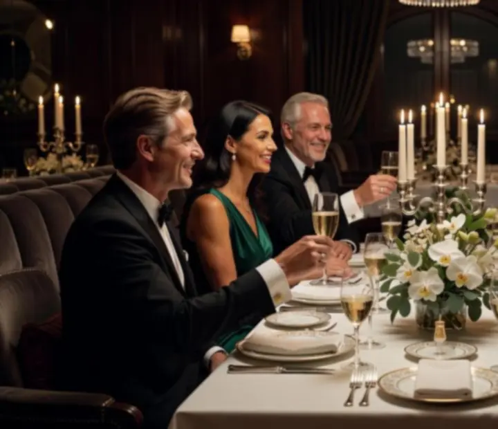 Elegáns privát rendezvény terített asztalokkal és gyertyafénnyel.