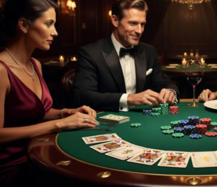 Elegáns poker asztal szimbolikus zsetonokkal és prémium kártyákkal