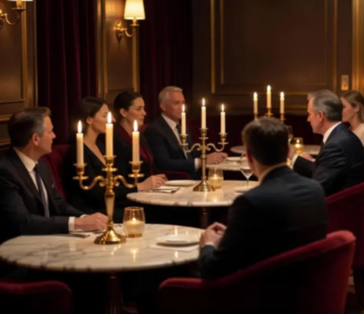 Luxus VIP lounge bársony fotelekkel, gyertyafénnyel és elegáns terítéssel