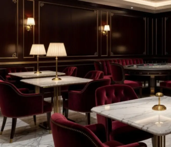 Exkluzív VIP lounge márvány asztalokkal és bársony fotelekkel